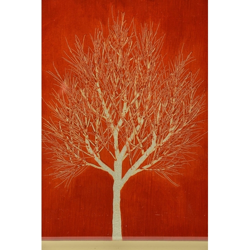 304 - NAKISA SEIKA (JAPAN 1974) 'RED SKIES II', A SOLITARY TREE IN WINTER AGAINST AN ORANGE BACKGROUND, si... 