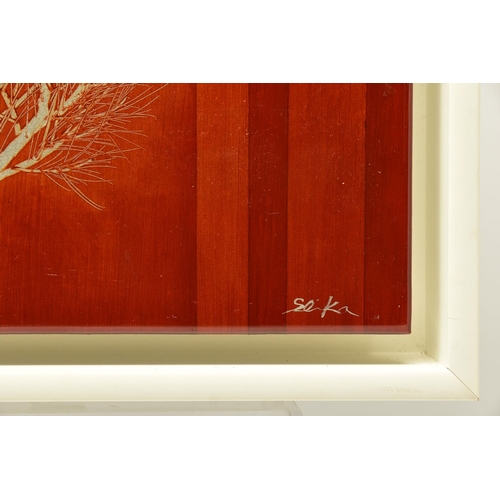 304 - NAKISA SEIKA (JAPAN 1974) 'RED SKIES II', A SOLITARY TREE IN WINTER AGAINST AN ORANGE BACKGROUND, si... 