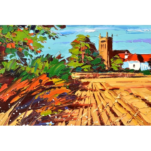 319 - LYNN RODGIE (SCOTTISH CONTEMPORARY) 'CHURCH SPIRE AND SHADOWS, BOLTON', a landscape with church to t... 