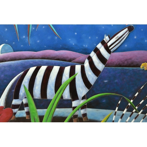 320 - DAVID KUIJERS (SOUTH AFRICA 1962), 'Zebra At Midnight III' stylised animals in an African setting, s... 