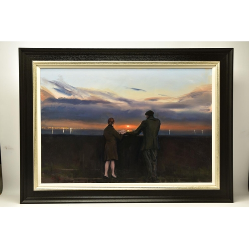 322 - KEVIN DAY (BRITISH CONTEMPORARY) 'THE LIGHT BETWEEN US', male and female figures holding hands are s... 