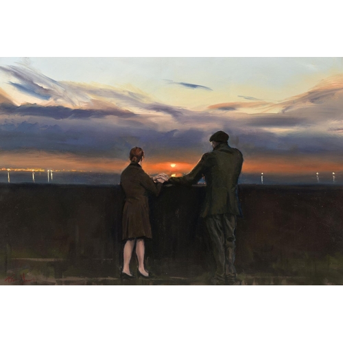 322 - KEVIN DAY (BRITISH CONTEMPORARY) 'THE LIGHT BETWEEN US', male and female figures holding hands are s... 