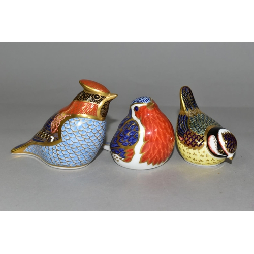 344 - THREE ROYAL CROWN DERBY PAPERWEIGHTS, comprising a 'Robin' date cypher 1993, height 6.5cm, 'Blue Tit... 