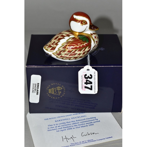 347 - A  ROYAL CROWN DERBY BOXED BAKEWELL DUCKLING PAPERWEIGHT, with a certificate of authenticity for an ... 