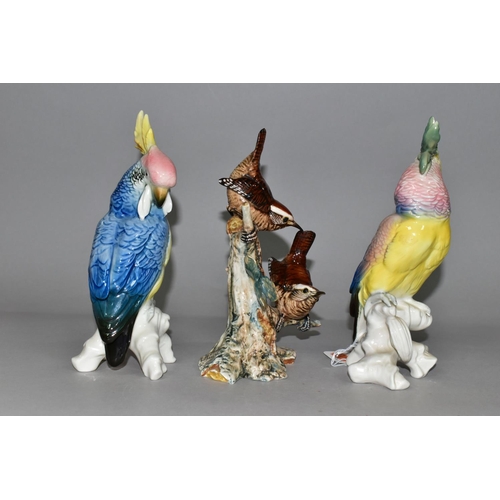 350 - TWO KARL ENS PORCELAIN PARROT FIGURINES,  Germany - blue printed factory mark to base, height 20cm, ... 