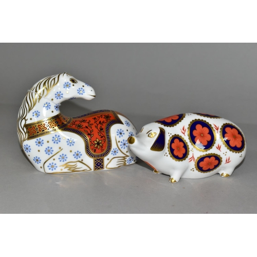 351 - TWO ROYAL CROWN DERBY PAPERWEIGHTS, comprising the 'Horse' date cypher 1990, height 9.75cm produced ... 