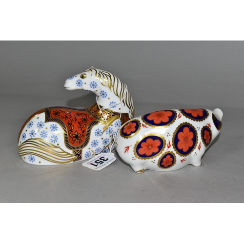 351 - TWO ROYAL CROWN DERBY PAPERWEIGHTS, comprising the 'Horse' date cypher 1990, height 9.75cm produced ... 