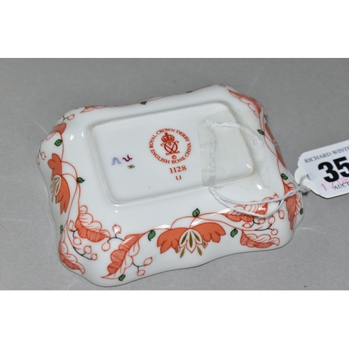 356 - A ROYAL CROWN DERBY IMARI PATTERN PIN DISH, rectangular form, length 9.5cm x width 7.5cm, date cyphe... 