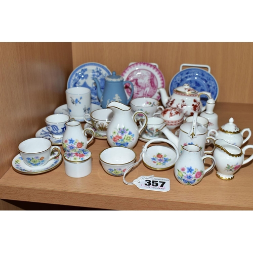 357 - A COLLECTION OF ASSORTED MINIATURE TEAWARES, comprising a Wedgwood blue Jasper Ware coffee pot, a Co... 