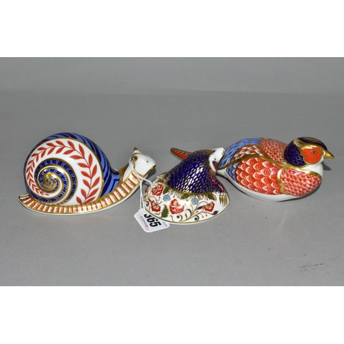 365 - THREE ROYAL CROWN DERBY PAPERWEIGHTS, comprising Snail height 7cm, date cypher for 1990, Pheasant he... 