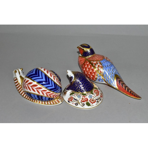 365 - THREE ROYAL CROWN DERBY PAPERWEIGHTS, comprising Snail height 7cm, date cypher for 1990, Pheasant he... 