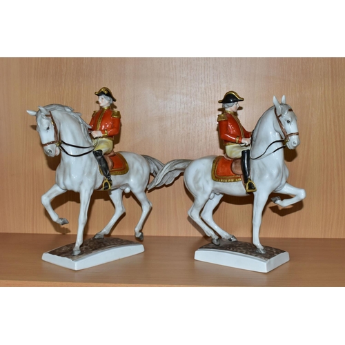 366 - TWO UNTERWEISSBACH PORCELAIN HORSES AND RIDERS, the riders in military style uniform with red and go... 