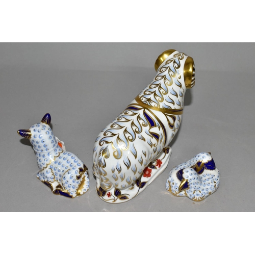 374 - THREE ROYAL CROWN DERBY SHEEP PAPERWEIGHTS, comprising Ram height 14cm, Lamb height 8.5cm, and Twin ... 