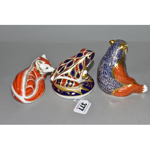 377 - THREE ROYAL CROWN DERBY PAPERWEIGHTS, comprising Frog height 8cm, date cypher for 1993, Red Fox heig... 