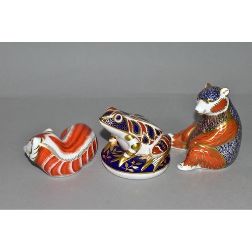 377 - THREE ROYAL CROWN DERBY PAPERWEIGHTS, comprising Frog height 8cm, date cypher for 1993, Red Fox heig... 