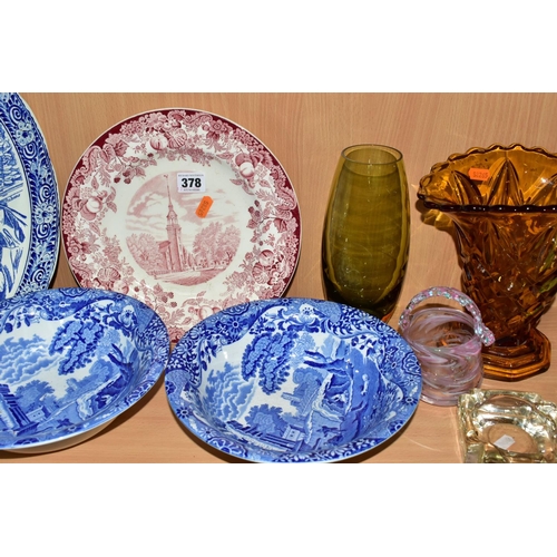 378 - A GROUP OF CERAMICS AND GLASS WARES, to include a M R L (Royal) Boch blue and white charger decorate... 