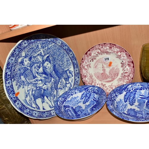 378 - A GROUP OF CERAMICS AND GLASS WARES, to include a M R L (Royal) Boch blue and white charger decorate... 