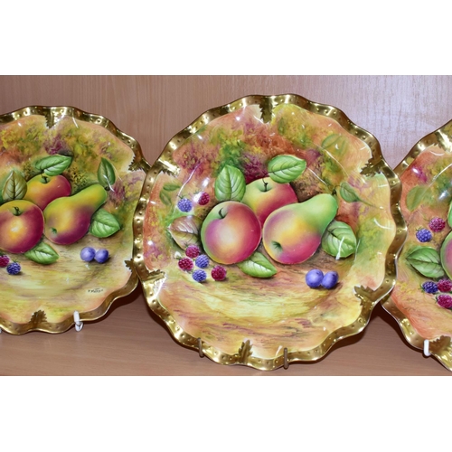 383 - THREE HANDPAINTED CABINET PLATES PAINTED BY J MOTTRAM, each painted with apples, a pear and berries,... 