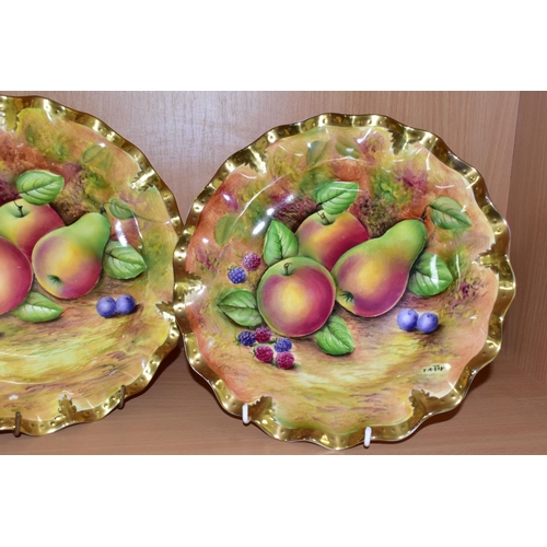 383 - THREE HANDPAINTED CABINET PLATES PAINTED BY J MOTTRAM, each painted with apples, a pear and berries,... 