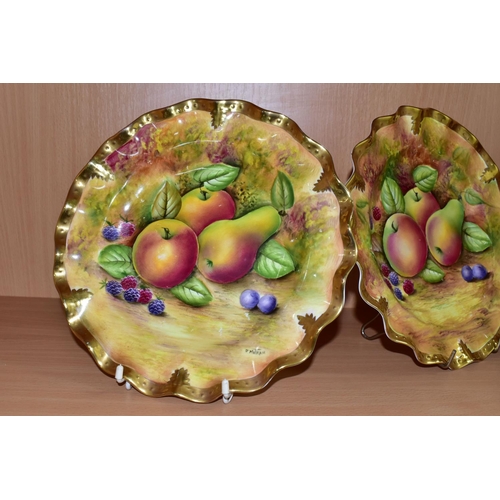 383 - THREE HANDPAINTED CABINET PLATES PAINTED BY J MOTTRAM, each painted with apples, a pear and berries,... 