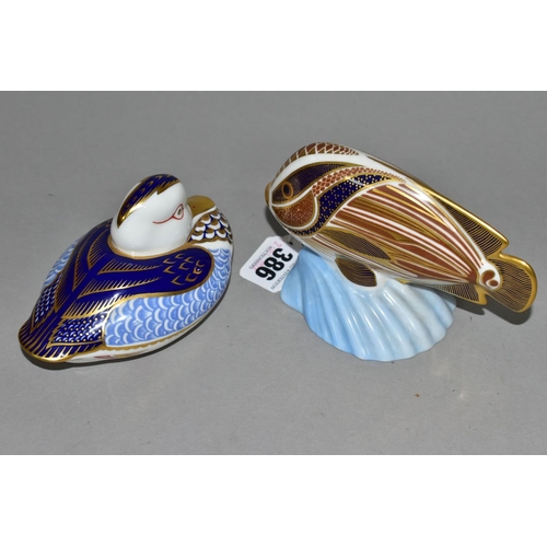 386 - TWO ROYAL CROWN DERBY PAPERWEIGHTS, comprising Tropical Fish 'Sweetlips' height 10.5cm and date cyph... 