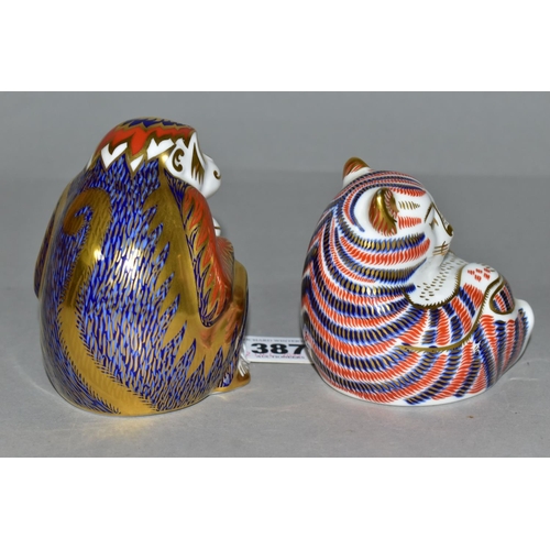 387 - TWO ROYAL CROWN DERBY PAPERWEIGHTS, comprising Monkey and Baby height 9.5cm, and Tiger Cub height 8c... 