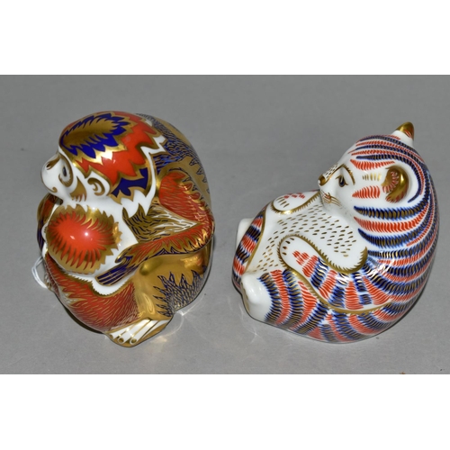 387 - TWO ROYAL CROWN DERBY PAPERWEIGHTS, comprising Monkey and Baby height 9.5cm, and Tiger Cub height 8c... 