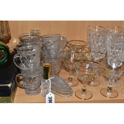 390 - A GROUP OF CUT CRYSTAL AND OTHER GLASS WARES, to include a Stuart Crystal mallet form decanter and e... 