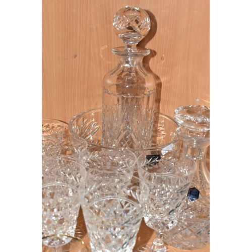 390 - A GROUP OF CUT CRYSTAL AND OTHER GLASS WARES, to include a Stuart Crystal mallet form decanter and e... 