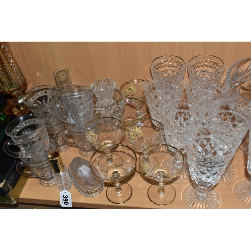 390 - A GROUP OF CUT CRYSTAL AND OTHER GLASS WARES, to include a Stuart Crystal mallet form decanter and e... 