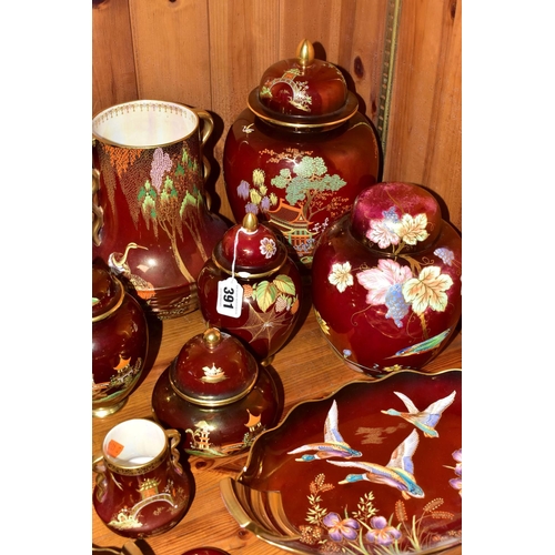 391 - ELEVEN PIECES OF CARLTON WARE ROUGE ROYALE, comprising a New Stork pattern vase with wavy handles, h... 