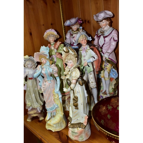 392 - A GROUP OF CONTINENTAL PORCELAIN FIGURES, comprising seven male and female figures, one Sitzendorf l... 