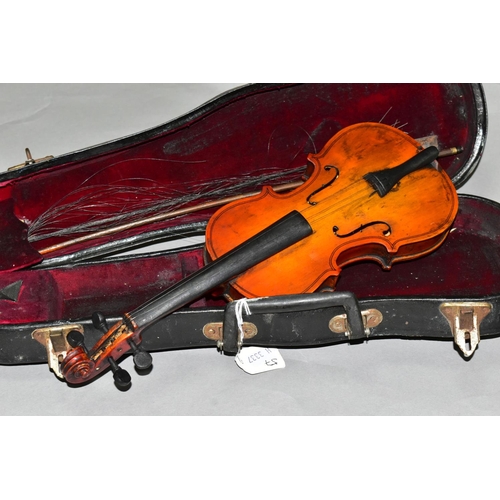 395 - A CASED 1/32 SIZE VIOLIN, total length 32.5cm, body length 20cm, single piece back, no visible maker... 