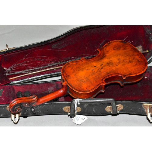 395 - A CASED 1/32 SIZE VIOLIN, total length 32.5cm, body length 20cm, single piece back, no visible maker... 