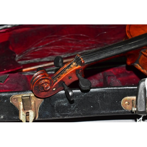 395 - A CASED 1/32 SIZE VIOLIN, total length 32.5cm, body length 20cm, single piece back, no visible maker... 