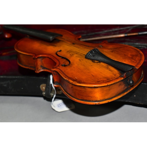 395 - A CASED 1/32 SIZE VIOLIN, total length 32.5cm, body length 20cm, single piece back, no visible maker... 