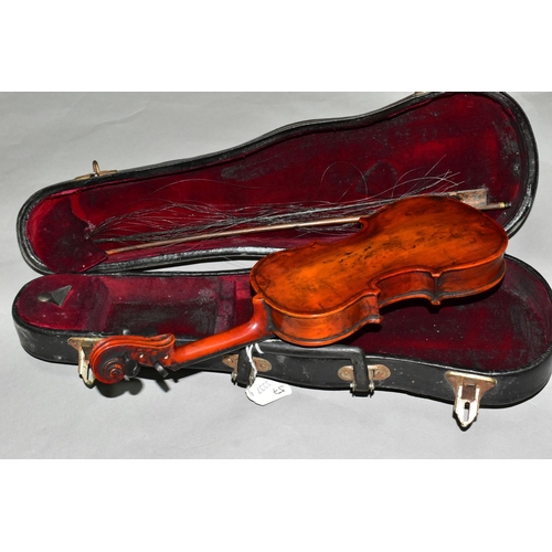 395 - A CASED 1/32 SIZE VIOLIN, total length 32.5cm, body length 20cm, single piece back, no visible maker... 