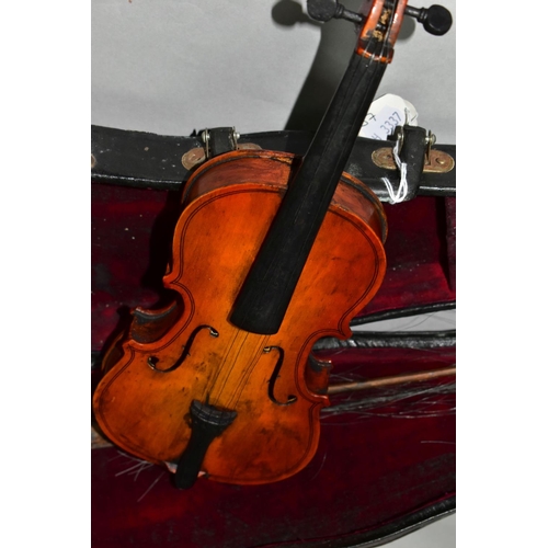 395 - A CASED 1/32 SIZE VIOLIN, total length 32.5cm, body length 20cm, single piece back, no visible maker... 