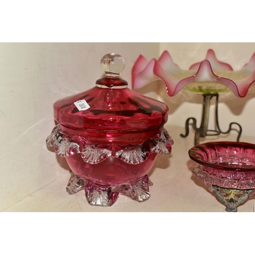 401 - FIVE PIECES OF VICTORIAN CRANBERRY VASELINE GLASS, comprising a large Uranium Cranberry glass frille... 