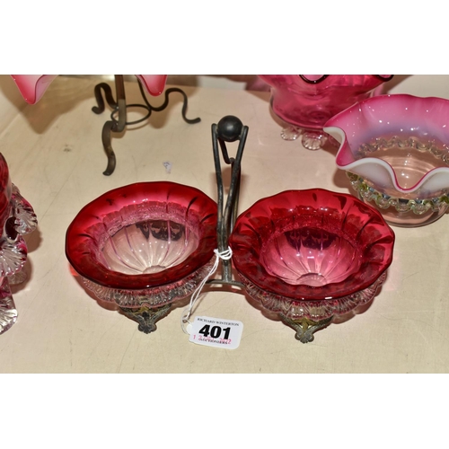 401 - FIVE PIECES OF VICTORIAN CRANBERRY VASELINE GLASS, comprising a large Uranium Cranberry glass frille... 