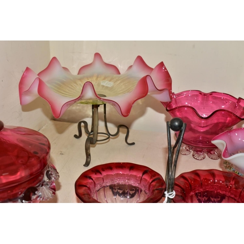 401 - FIVE PIECES OF VICTORIAN CRANBERRY VASELINE GLASS, comprising a large Uranium Cranberry glass frille... 