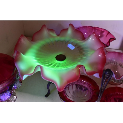 401 - FIVE PIECES OF VICTORIAN CRANBERRY VASELINE GLASS, comprising a large Uranium Cranberry glass frille... 