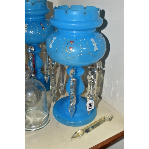 403 - A GROUP OF ASSORTED GLASSWARE, comprising a pair of 19th century turquoise glass lustres, all sixtee... 