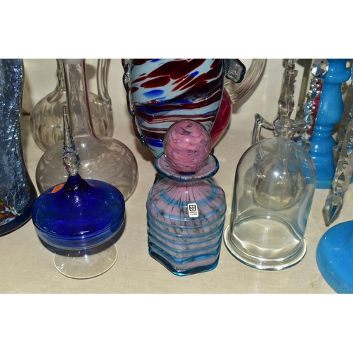 403 - A GROUP OF ASSORTED GLASSWARE, comprising a pair of 19th century turquoise glass lustres, all sixtee... 