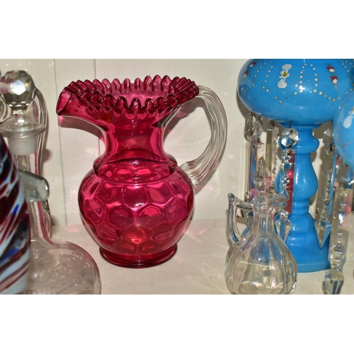 403 - A GROUP OF ASSORTED GLASSWARE, comprising a pair of 19th century turquoise glass lustres, all sixtee... 