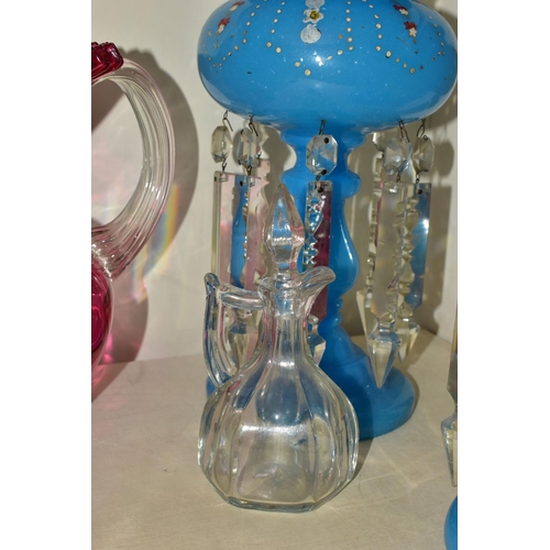 403 - A GROUP OF ASSORTED GLASSWARE, comprising a pair of 19th century turquoise glass lustres, all sixtee... 