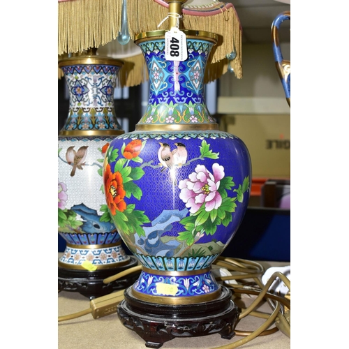 408 - THREE JAPANESE STYLE TABLE LAMPS, comprising a crazed effect urn form lamp base decorated with blue ... 