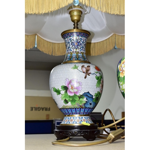 408 - THREE JAPANESE STYLE TABLE LAMPS, comprising a crazed effect urn form lamp base decorated with blue ... 