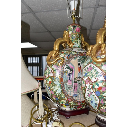 411 - A PAIR OF LARGE ORIENTAL MOON VASE TABLE LAMPS, height 65cm to top of light fitting x width 38cm, de... 