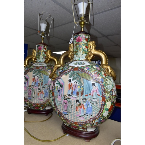 411 - A PAIR OF LARGE ORIENTAL MOON VASE TABLE LAMPS, height 65cm to top of light fitting x width 38cm, de... 